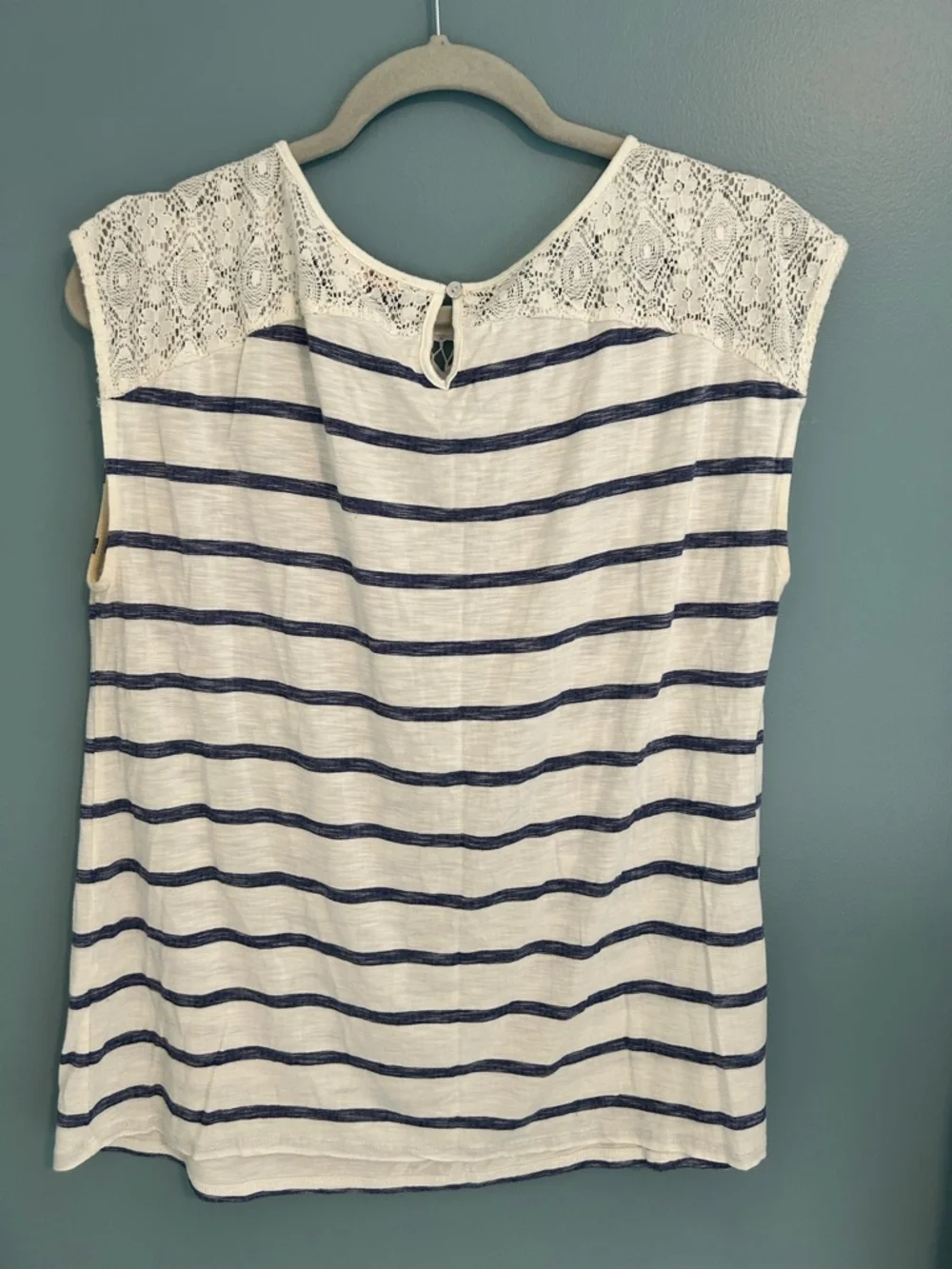 Skies Are Blue Women’s White & Navy Striped Lace Yoke Top - Picture 3 of 3
